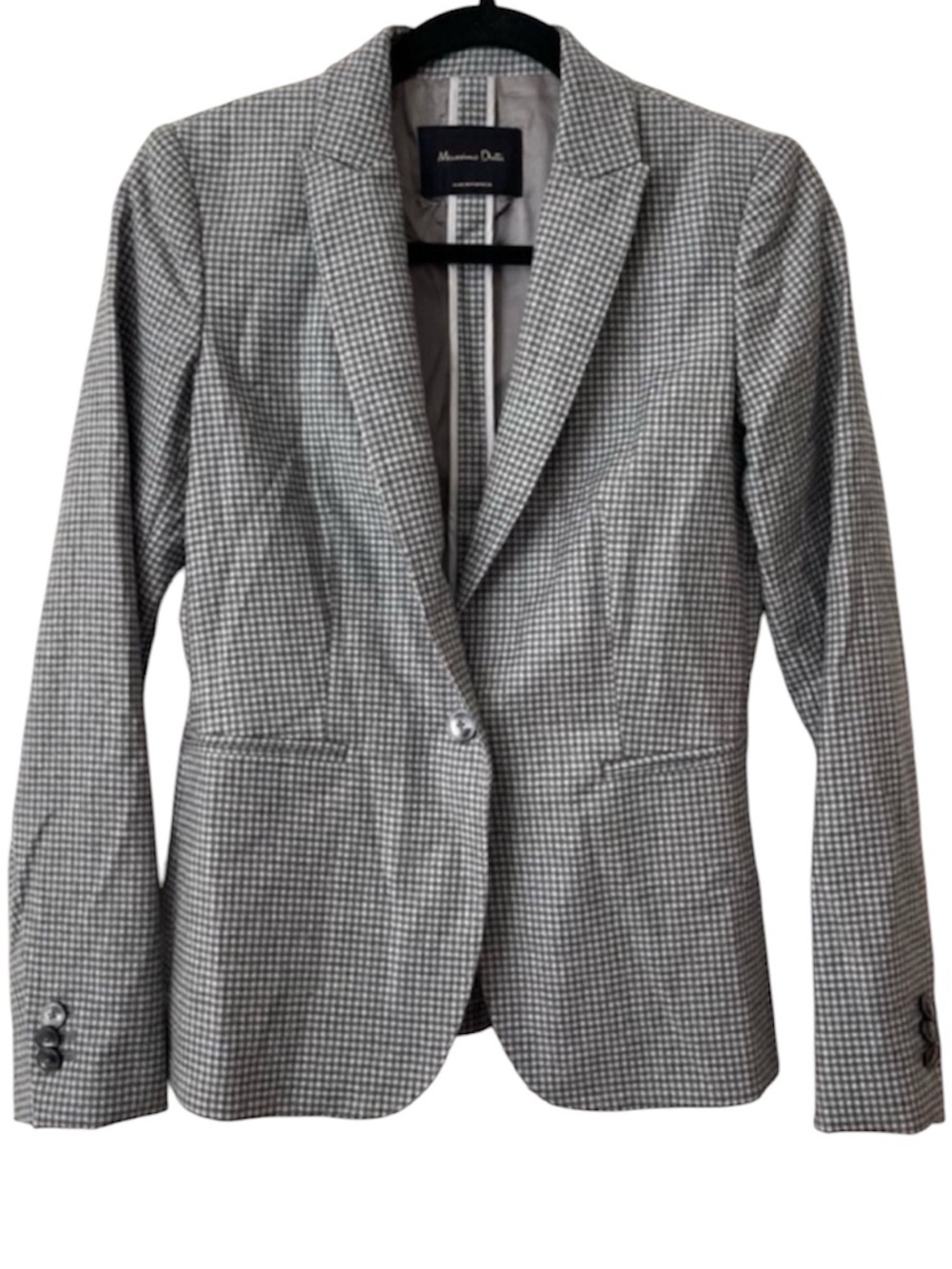 Massimo Dutti Gray White Micro-Check Tailored Blazer - Single Button Suit Jacket